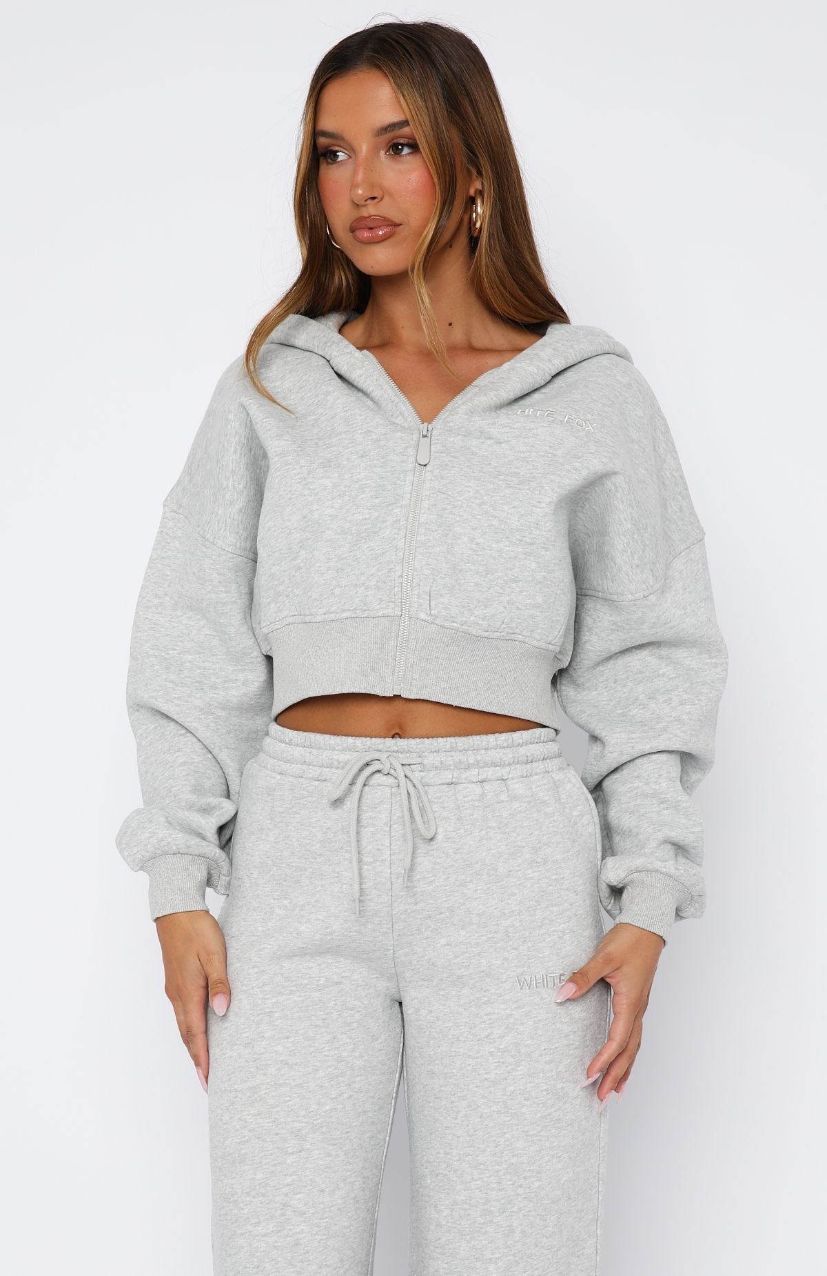 White Fox Stay Lifted Cropped Hoodie Dark Grey Marle