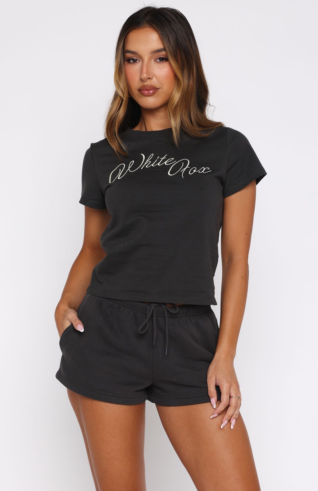 White Fox Lucky Thirteen Elsa Relaxed Baby Tee Charcoal