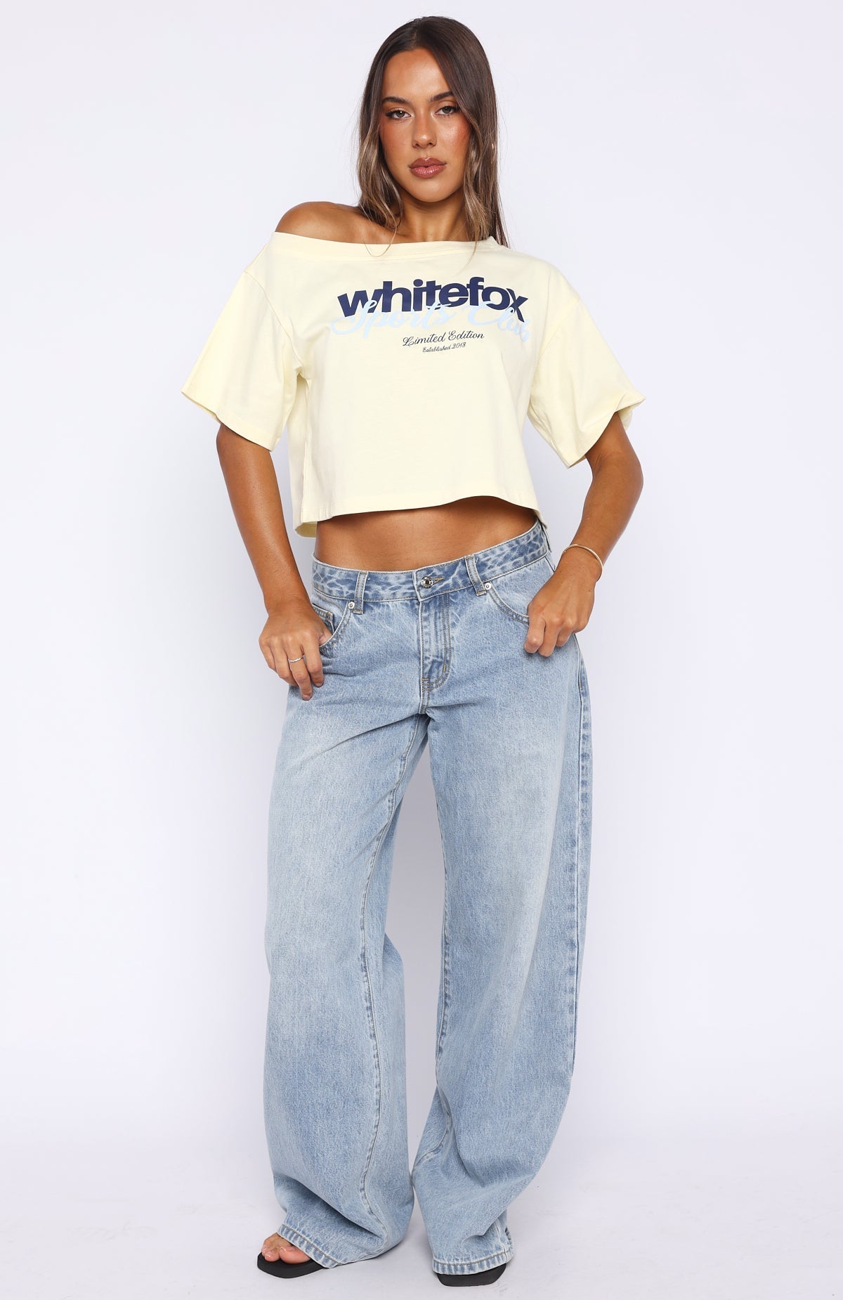 White Fox I've Got That Feeling Boxy Off Shoulder Tee Lemon