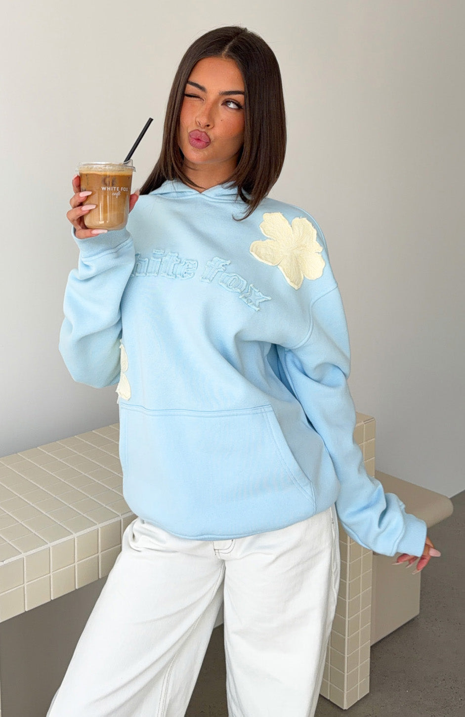 White Fox Sunkissed Bloom Oversized Hoodie Blue
