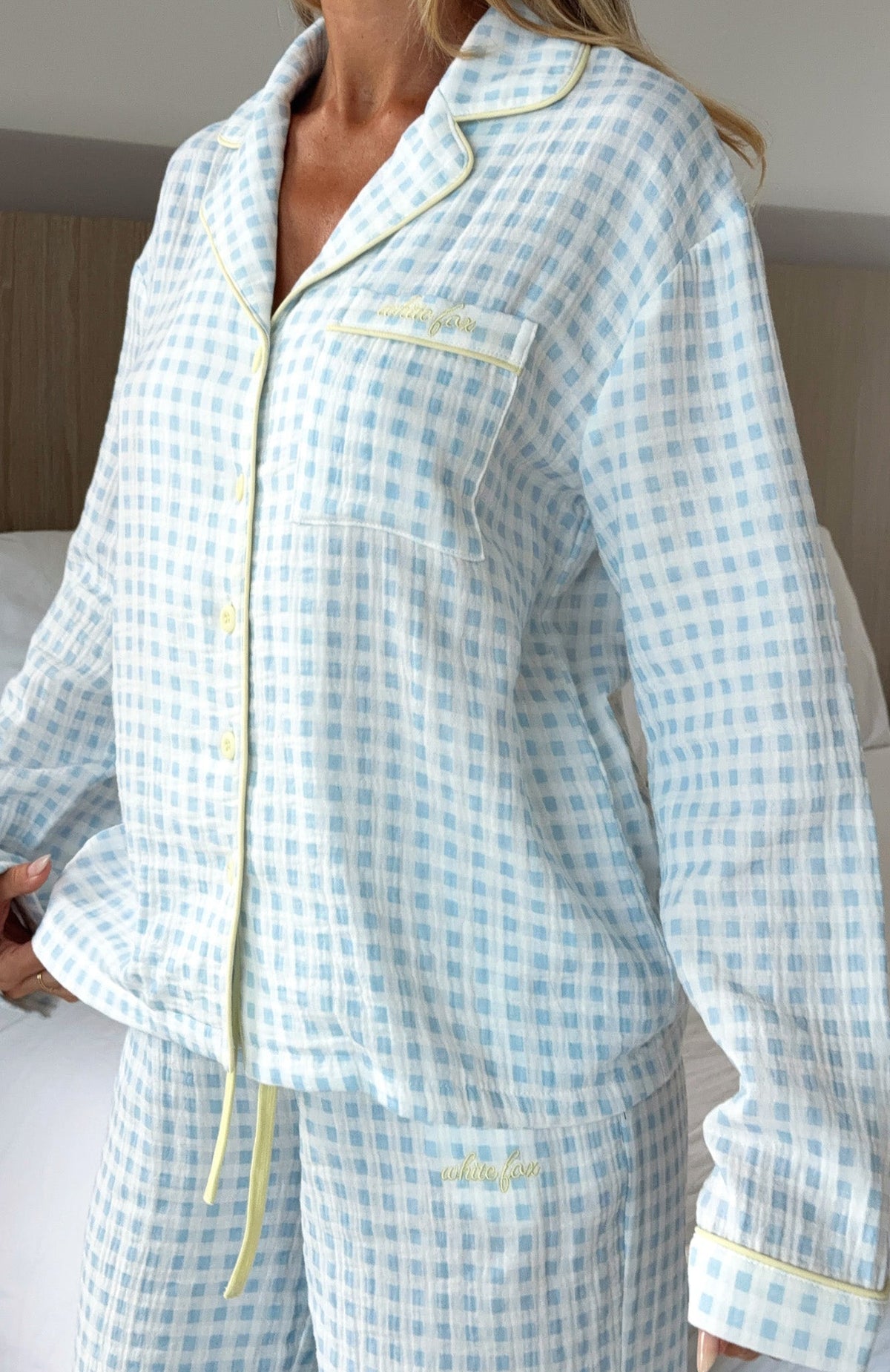 White Fox She's Got This Long Sleeve Pyjama Top Sky Blue Gingham