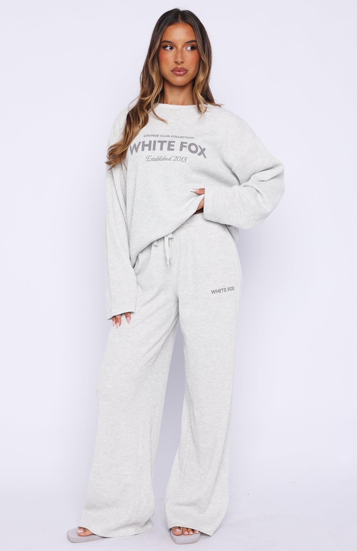 White Fox Leave Me Out Of It Waffle Oversized Long Sleeve Tee Grey Marle