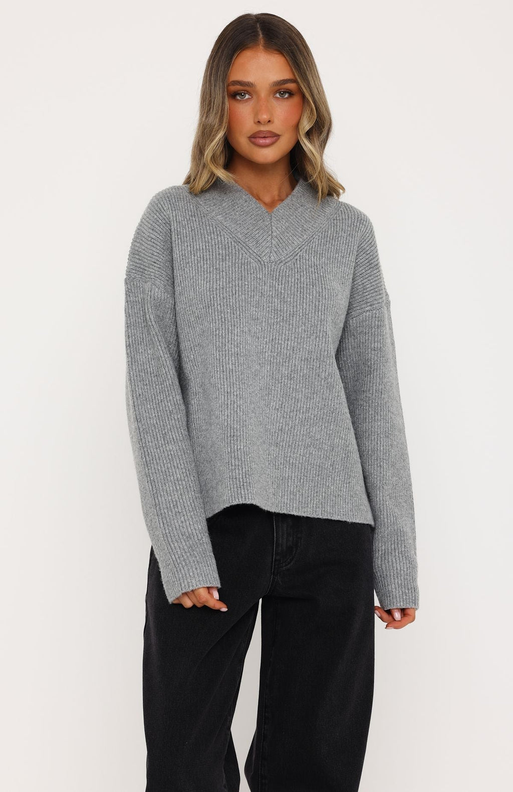 White Fox Luzia V Neck Knit Sweater Grey