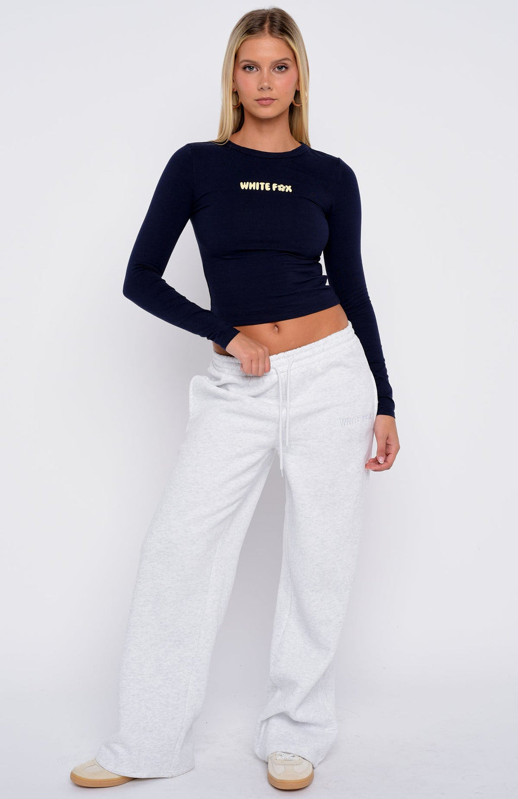 White Fox Love Addiction Long Sleeve Baby Tee Navy