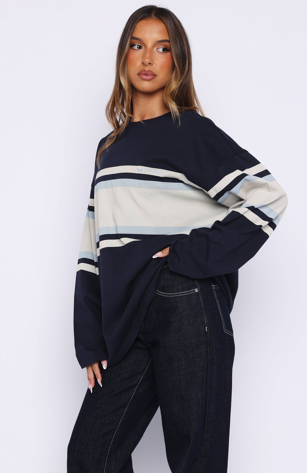 White Fox Too Cool For You Oversized Long Sleeve Tee Navy