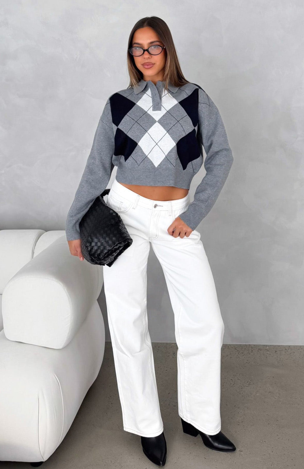 White Fox Cinzia Argyle Knit Sweater Navy Winter