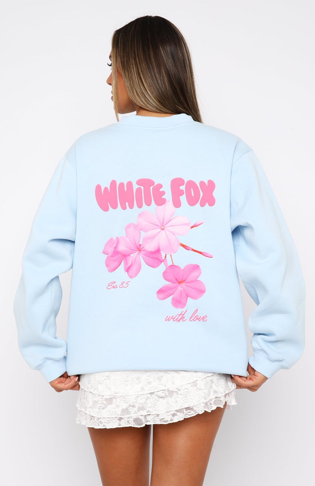 White Fox With Love & Romance Oversized Sweater Baby Blue