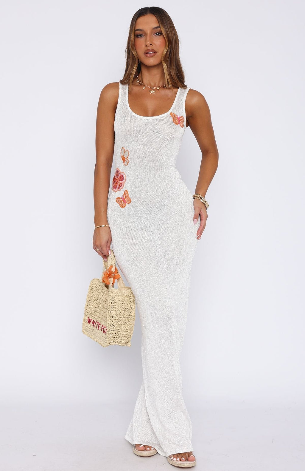 White Fox Butterfly Blossom Sequin Knit Maxi Dress White