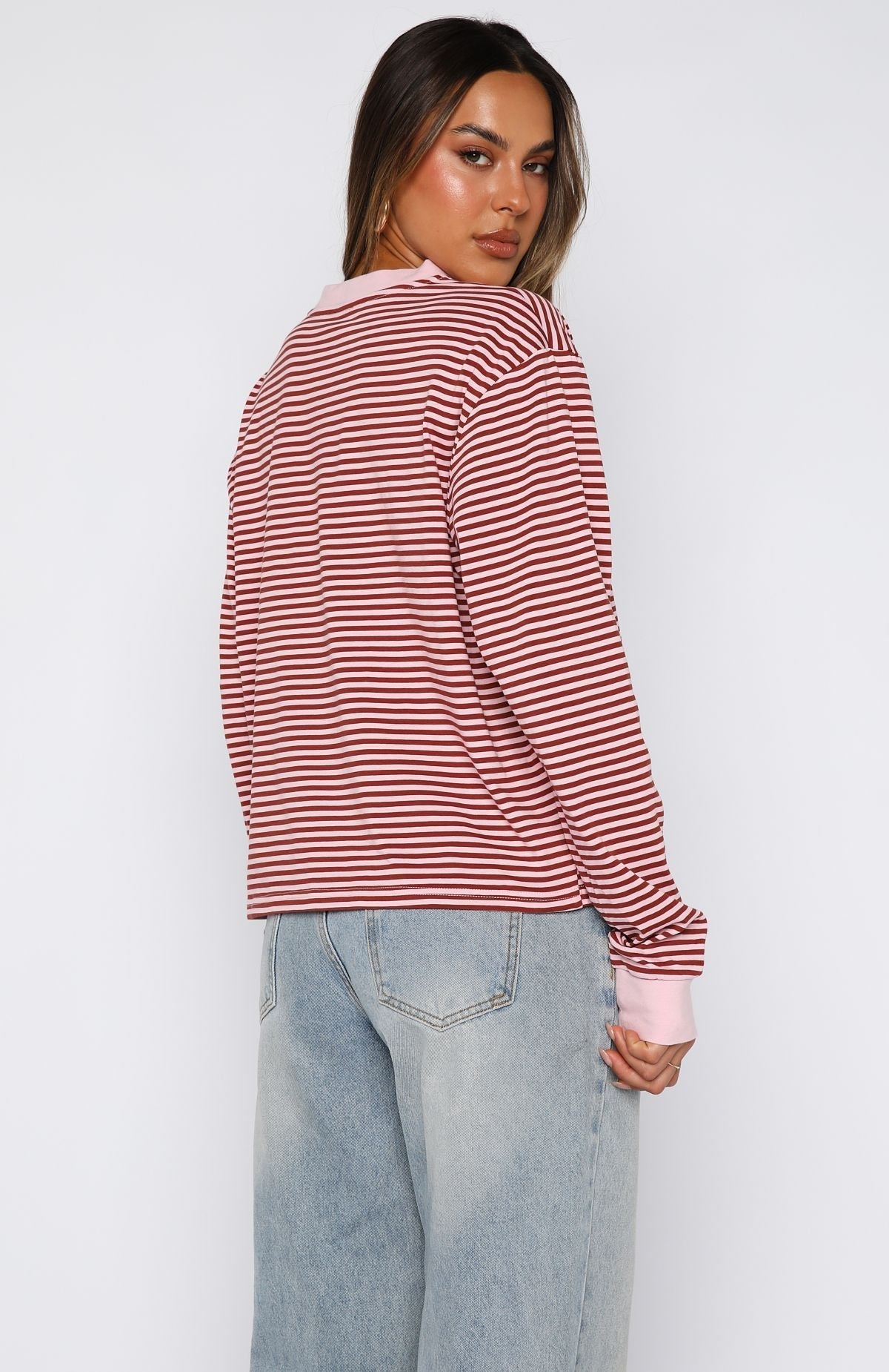 White Fox Touchdown Long Sleeve Tee Pink Stripe