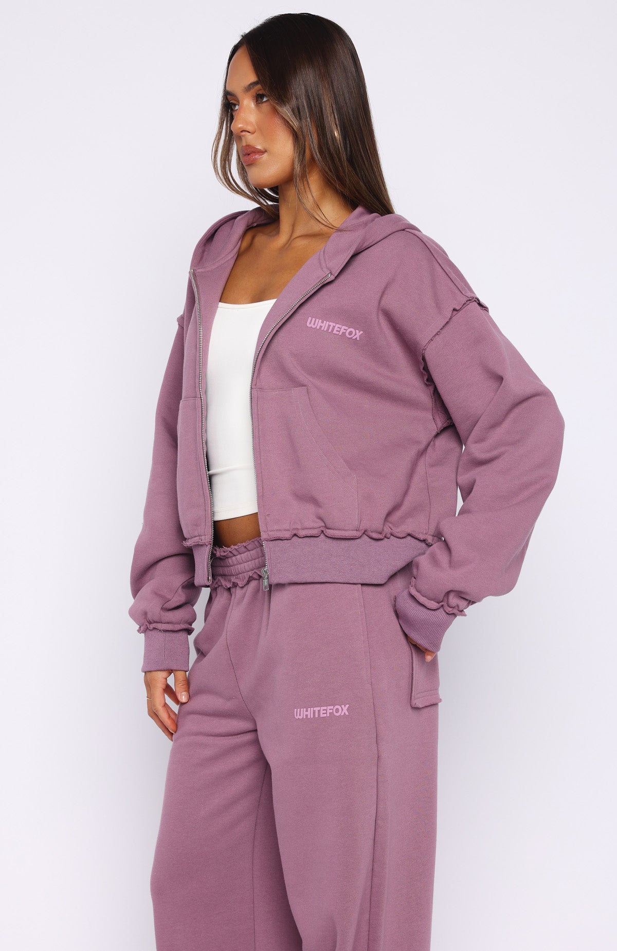 White Fox On My Own Terms Boxy Zip Front Hoodie Dusty Plum