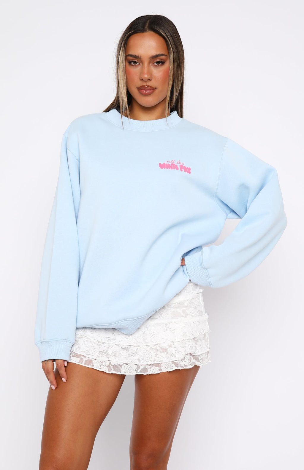 White Fox With Love & Romance Oversized Sweater Baby Blue