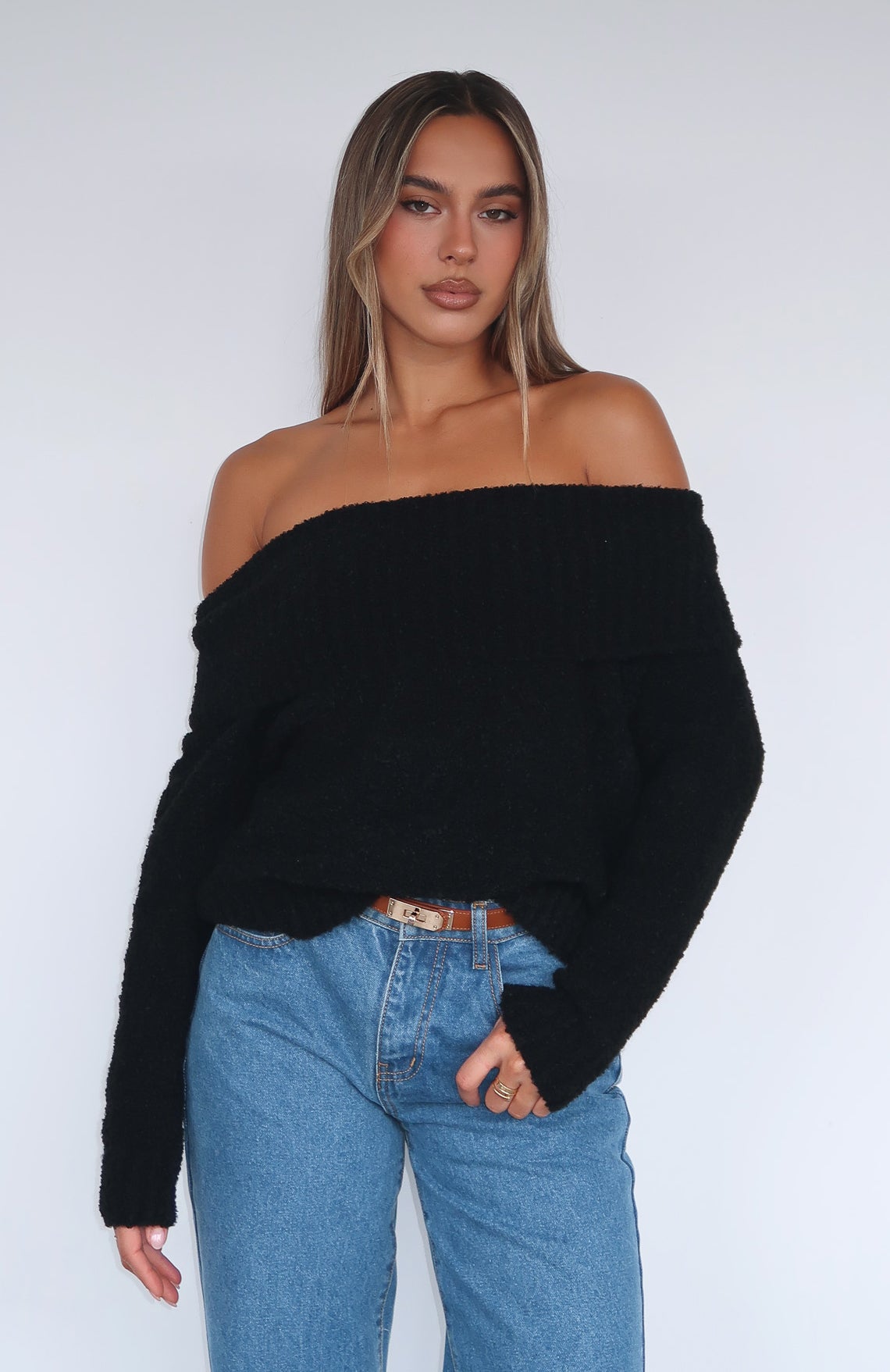 White Fox You Don't Need Me Off Shoulder Knit Sweater Black