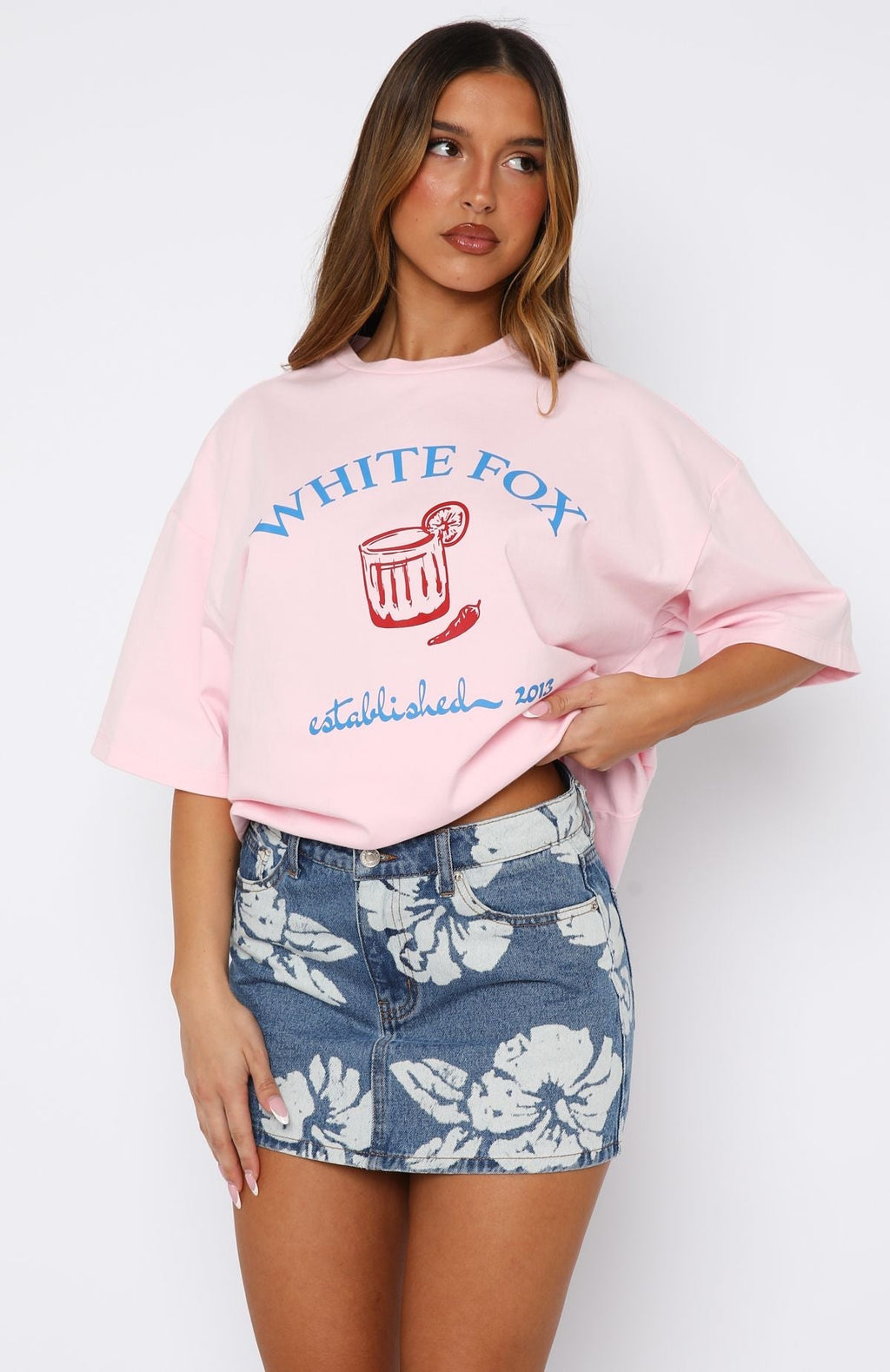 White Fox Won't Stop Searching Denim Mini Skirt Flower Print