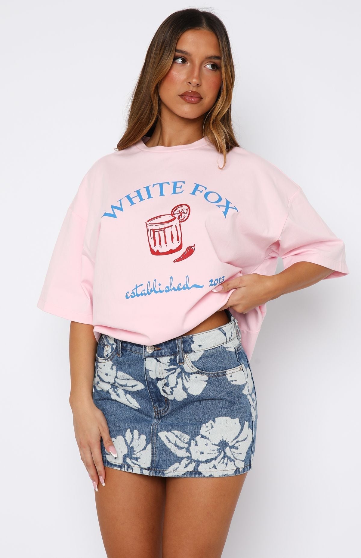 White Fox Won't Stop Searching Denim Mini Skirt Flower Print