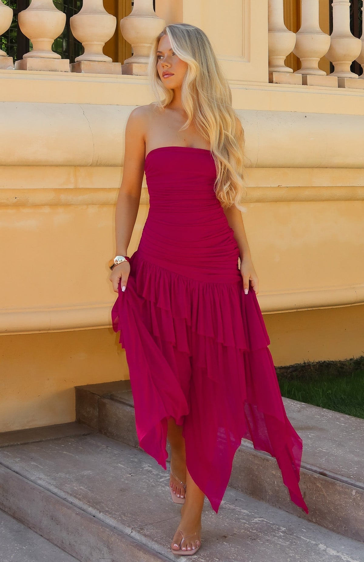 White Fox Venetian Dreams Strapless Midi Dress Dragonfruit
