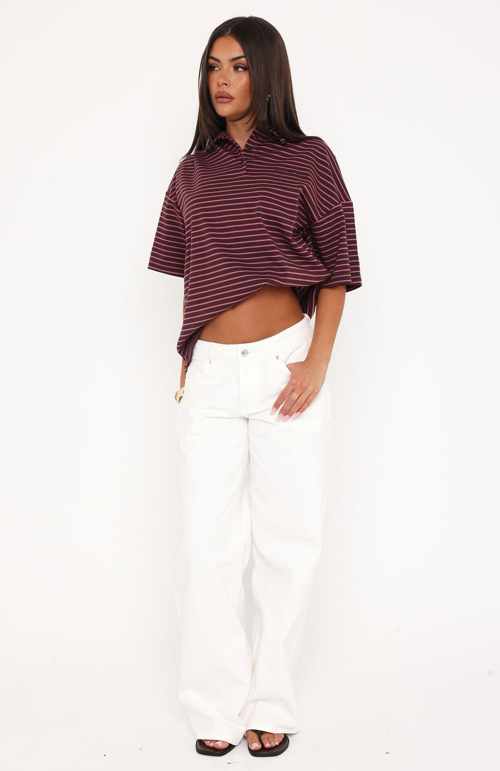 White Fox Pure Intent Oversized Short Sleeve Polo Shirt Choc / Pink Stripe