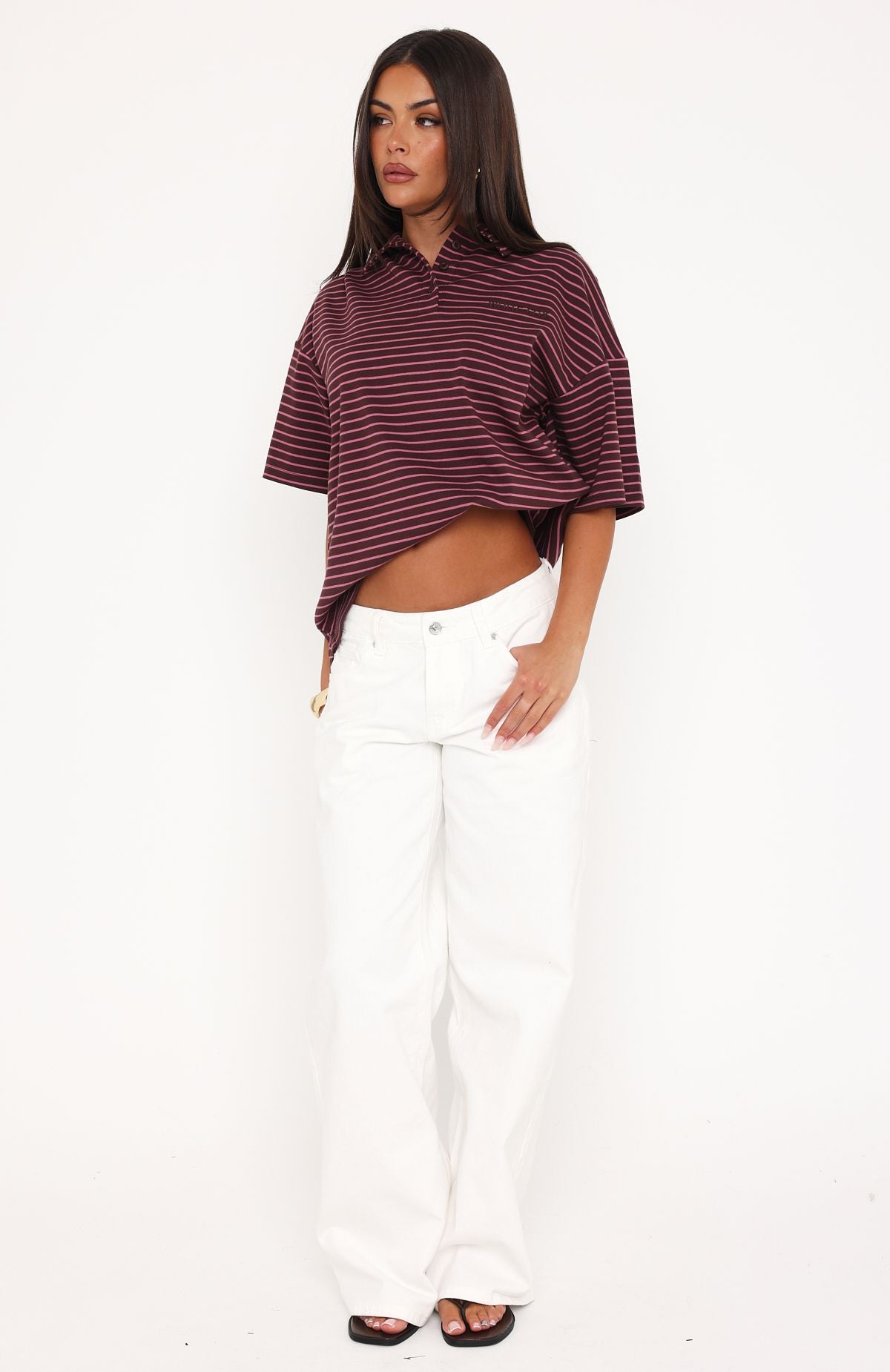 White Fox Pure Intent Oversized Short Sleeve Polo Shirt Choc / Pink Stripe