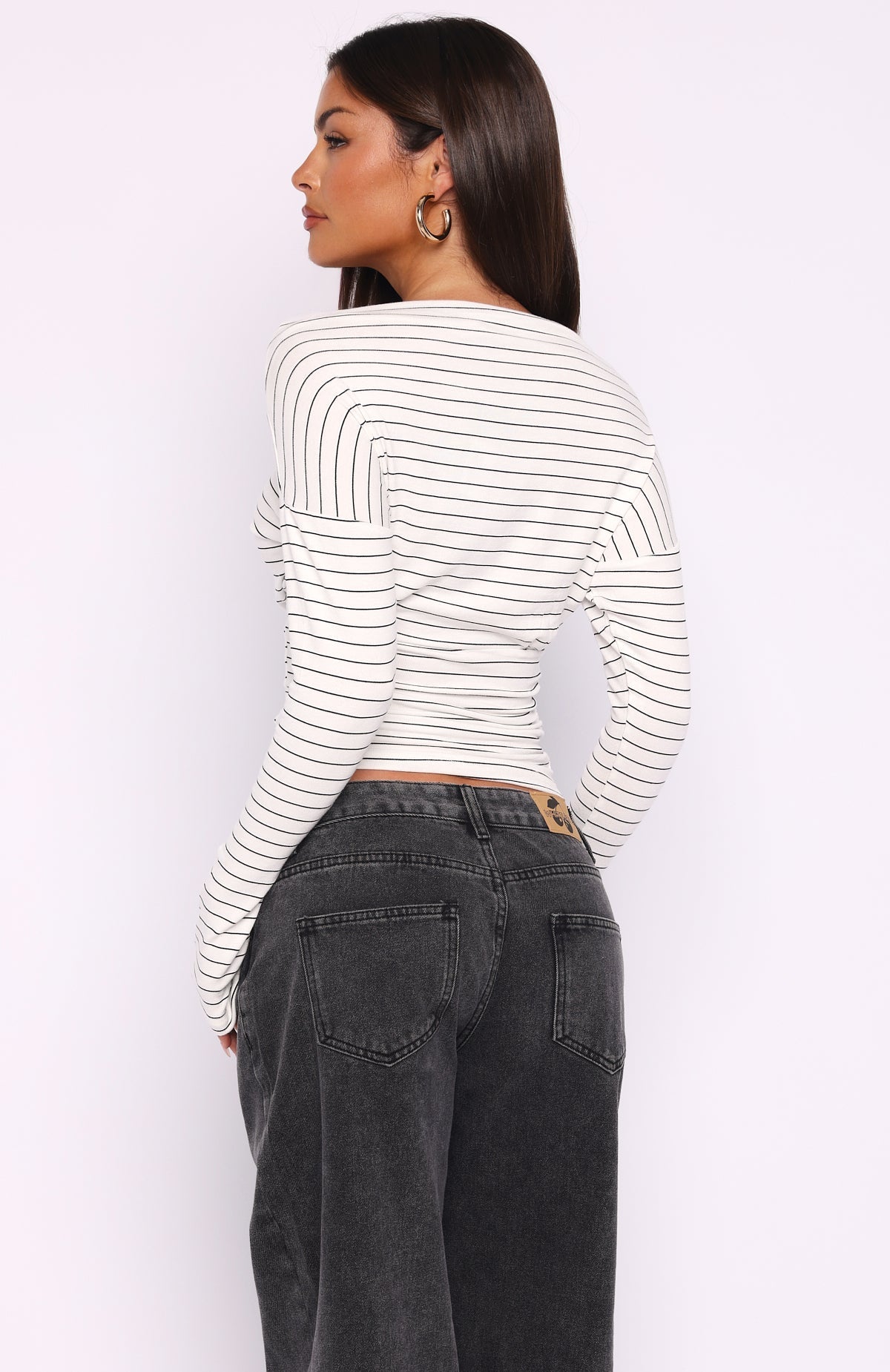 White Fox Another Time Cinched Waist Long Sleeve Top White Stripe