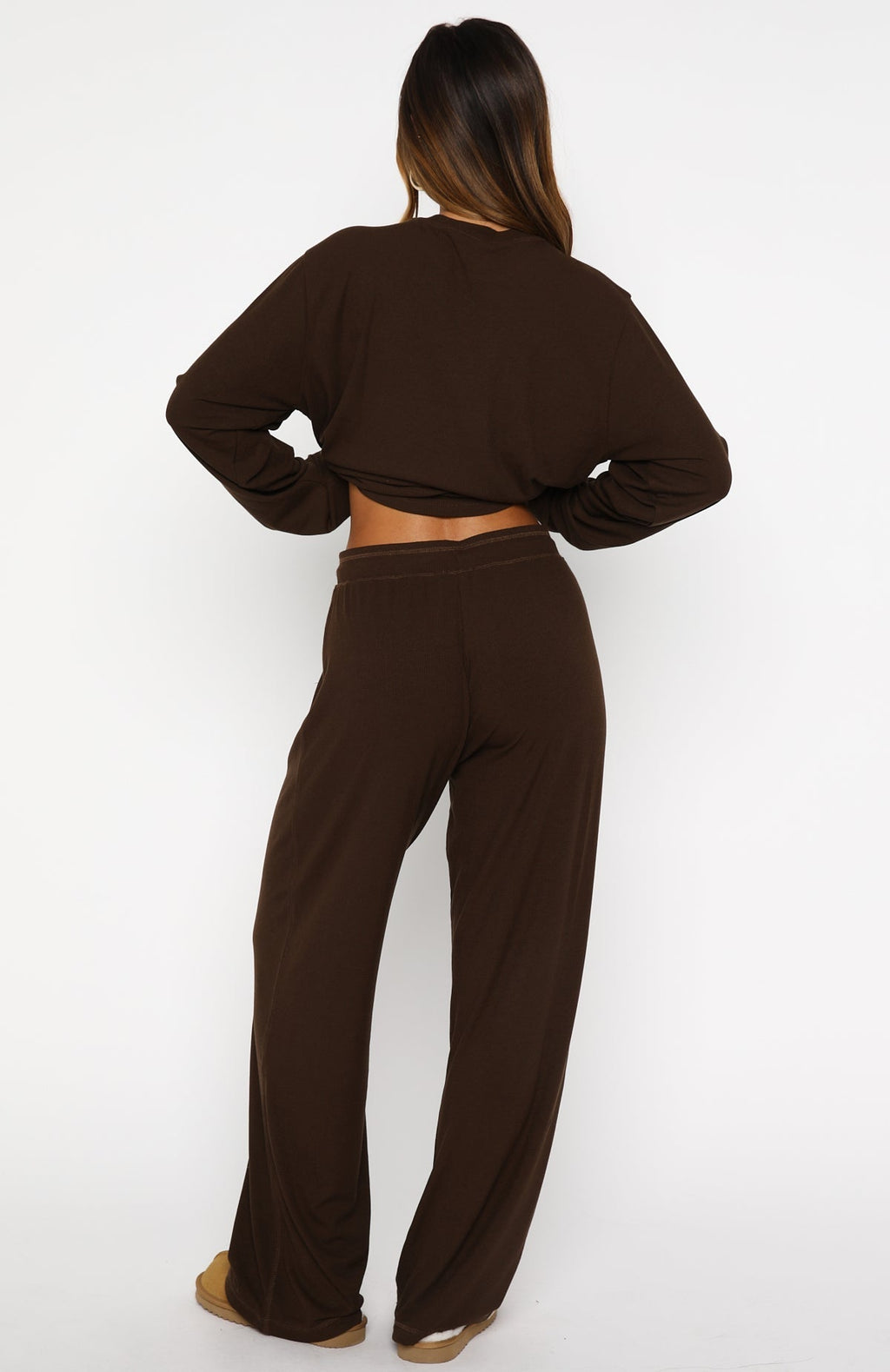 White Fox Come A Long Way Soft Lounge Ribbed Wide Leg Pants Chocolate