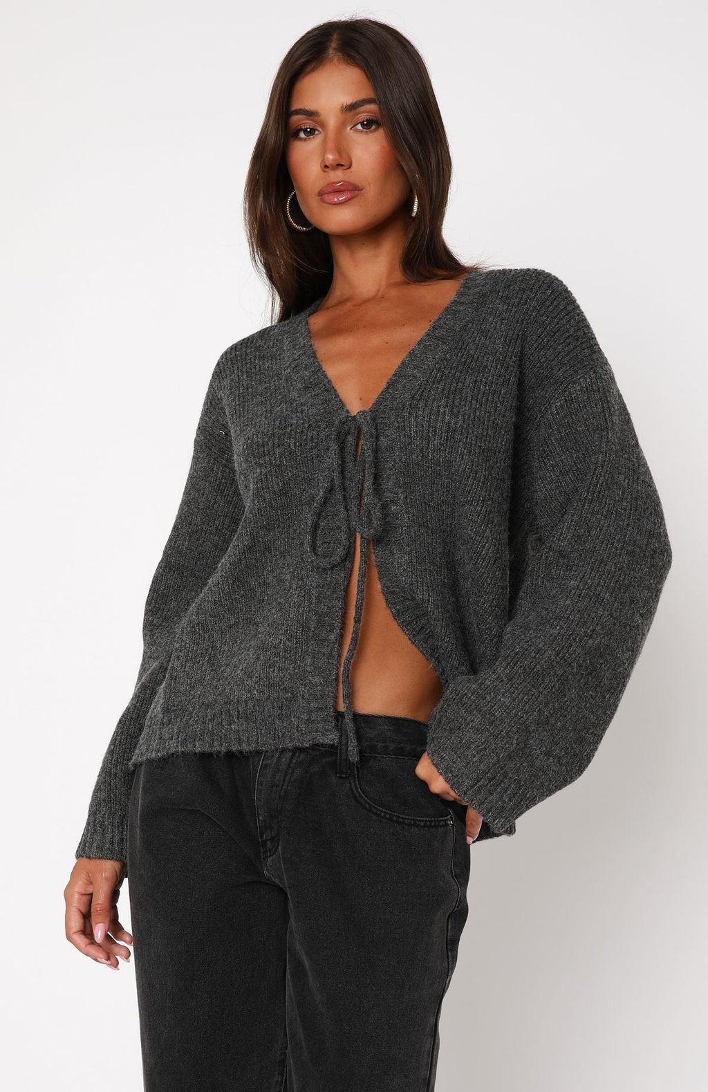 White Fox Flashback Knit Cardigan Charcoal