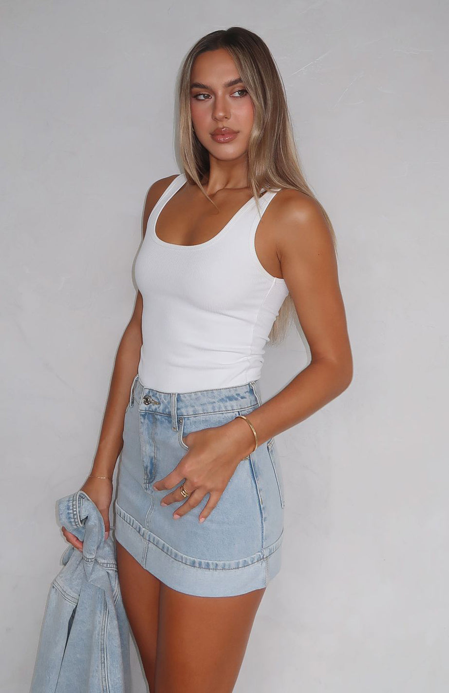White Fox Charlotte Denim Mini Skirt Light Blue Wash