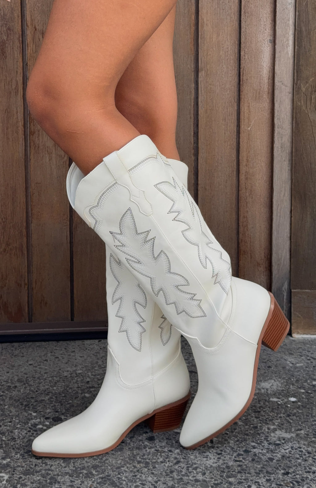 White Fox Briar Knee High Cowboy Boots Cream