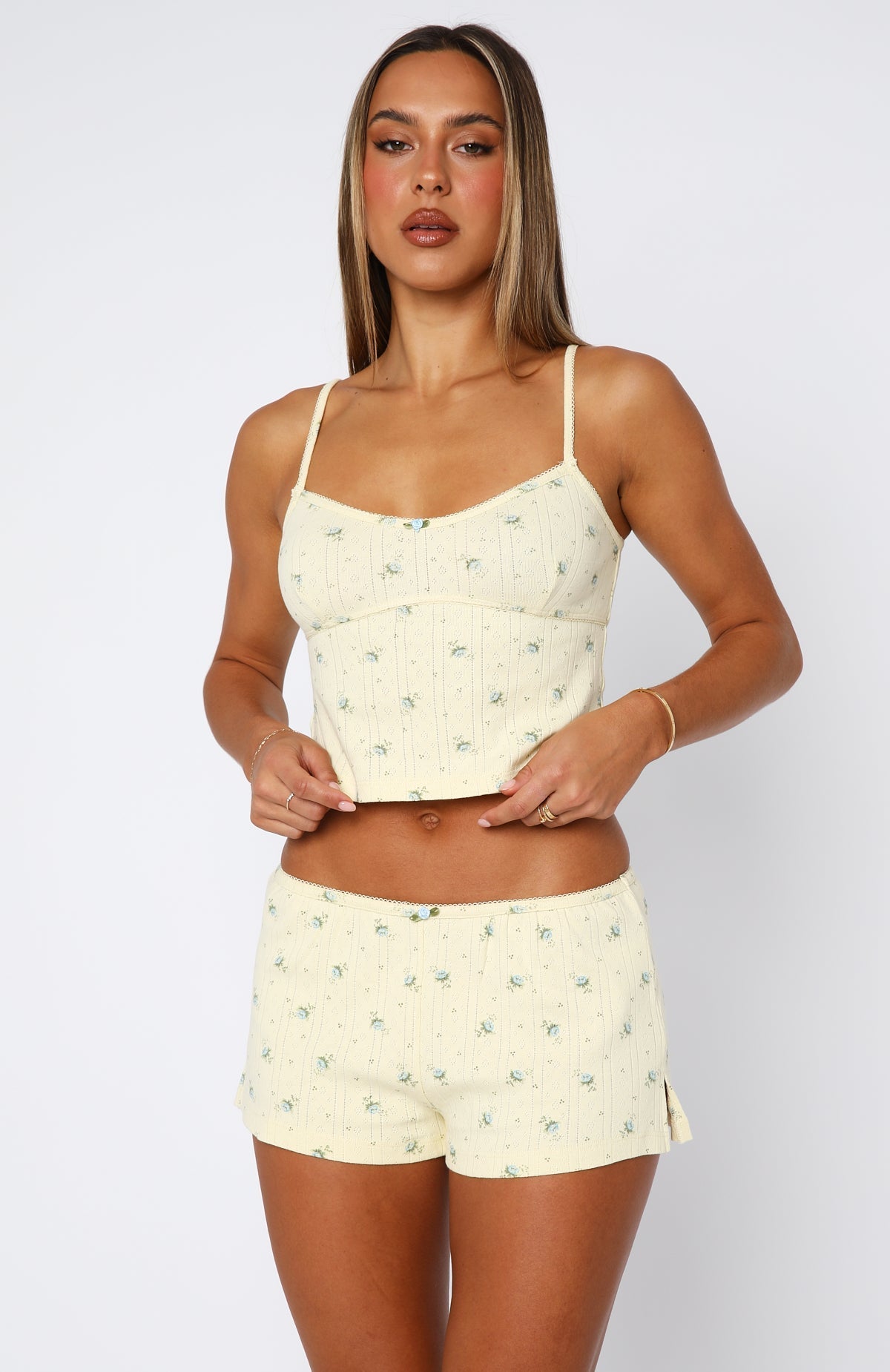 White Fox Snuggle Season Pyjama Top Lemon Floral