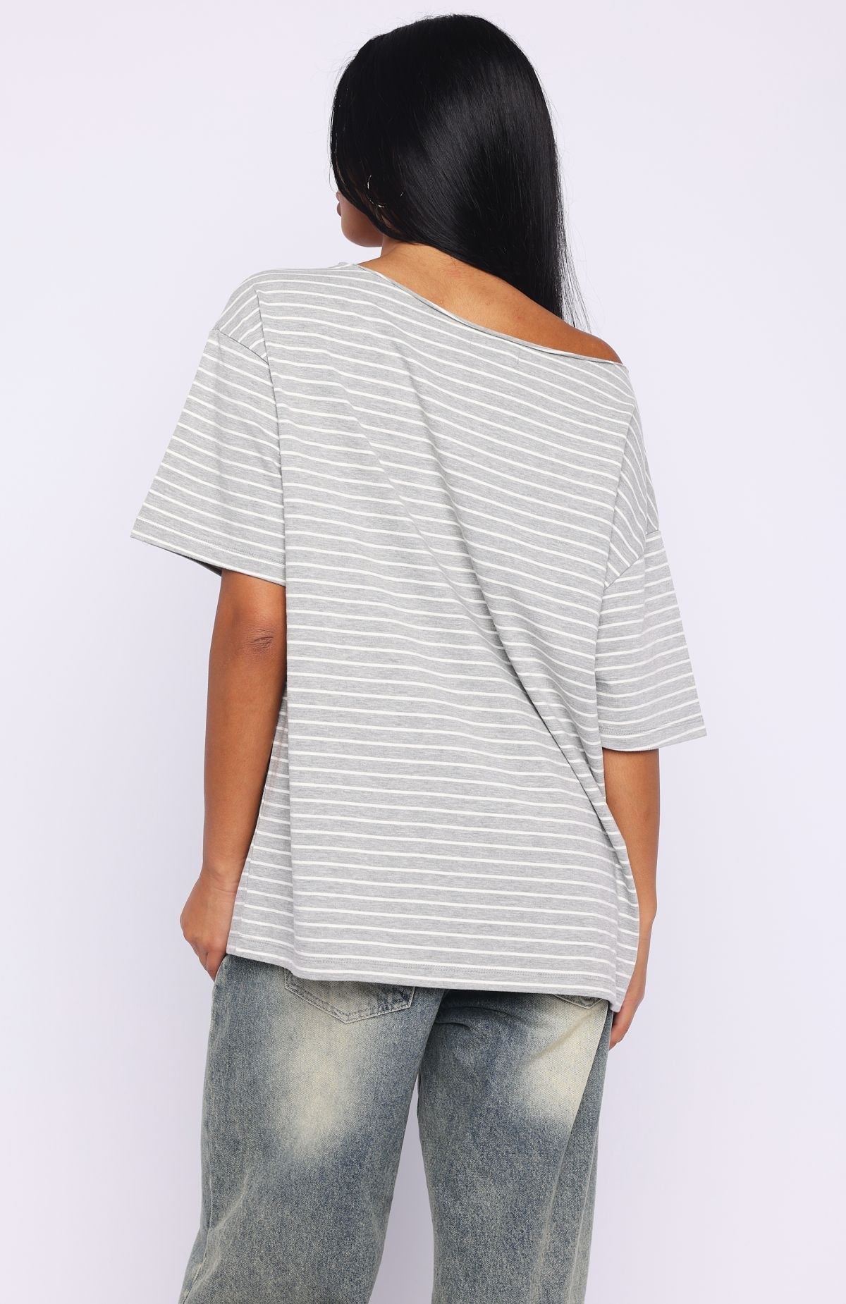 White Fox Give Me Options Off Shoulder Tee Grey/White Stripe