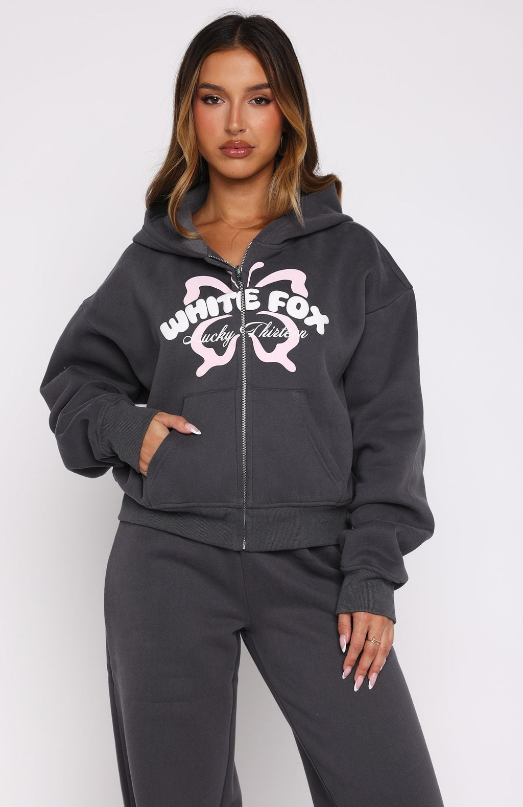 White Fox Lucky Thirteen Audrina Boxy Zip Front Hoodie Volcanic