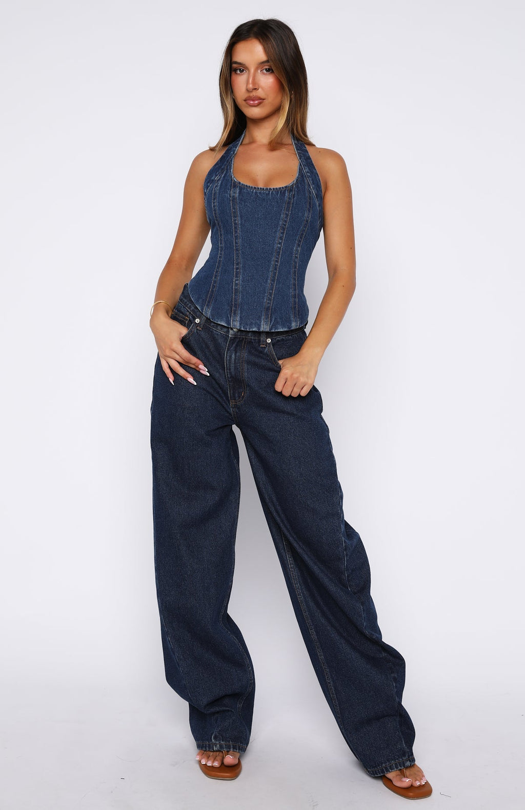 White Fox In Your Corner Denim Halter Top Dark Blue