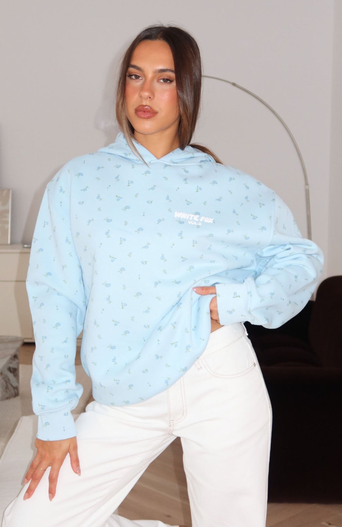 White Fox Offstage Printed Oversized Hoodie Blue Ditsy