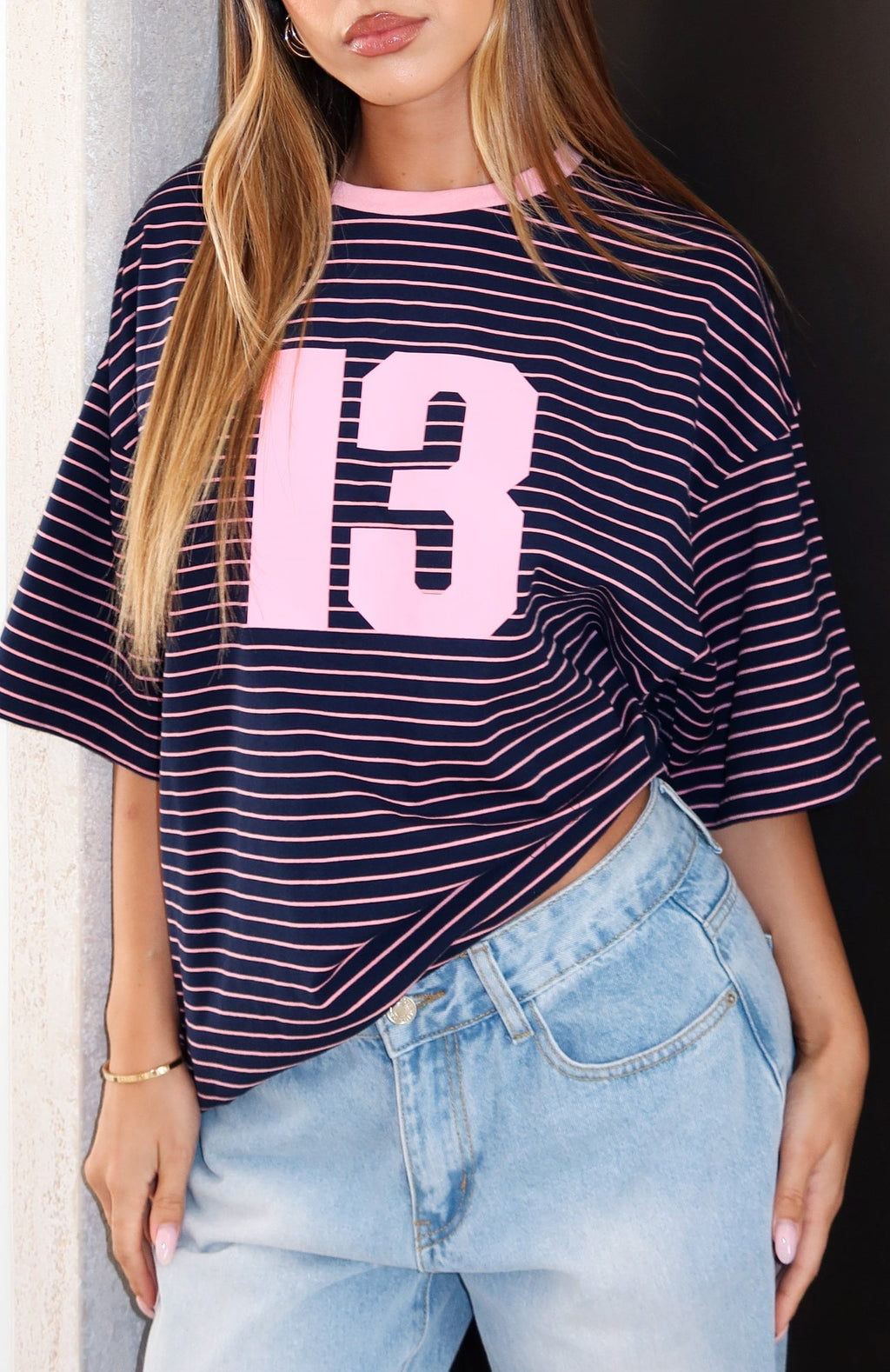 White Fox Good Old Days Oversized Tee Pink / Navy Stripe