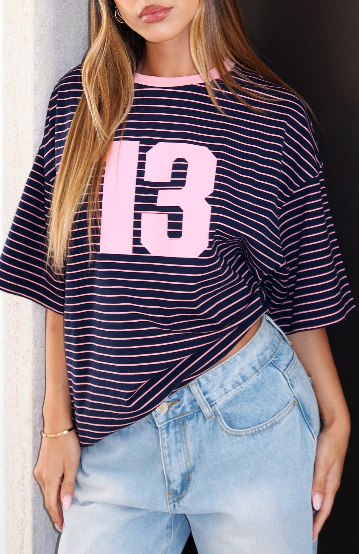White Fox Good Old Days Oversized Tee Pink / Navy Stripe