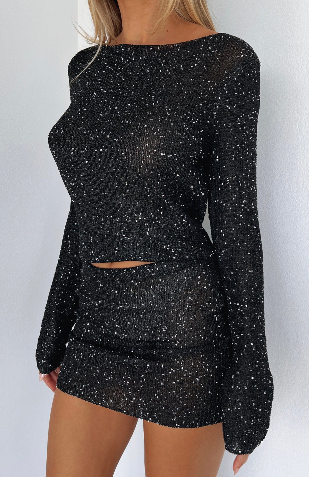 White Fox My Little Secret Sequin Knit Mini Skirt Black
