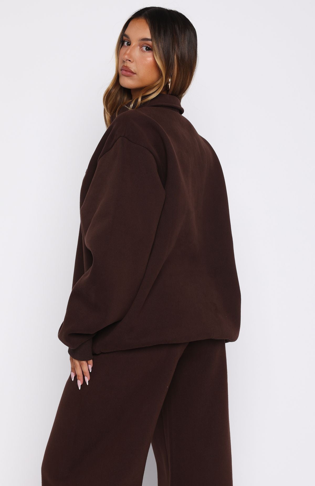 White Fox Chill Moves Oversized Henley Sweater Chocolate