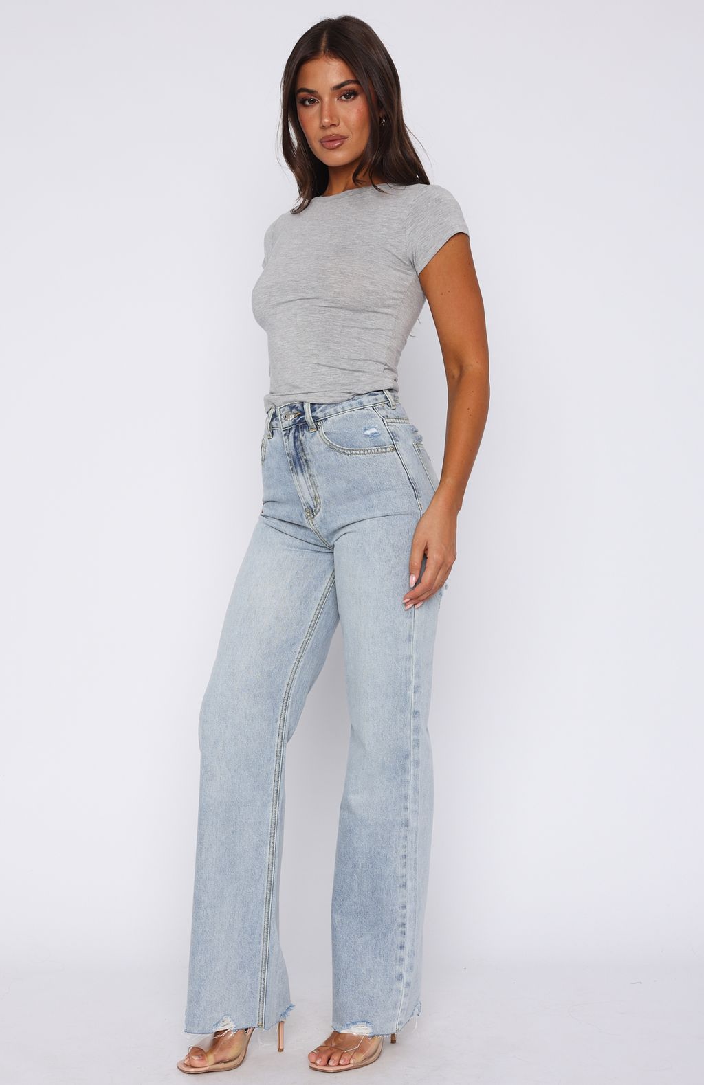 White Fox Alana High Waisted Straight Leg Jeans Light Blue Wash