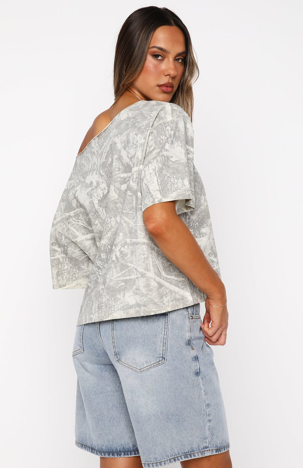 White Fox Travel The World Off Shoulder Oversized Tee Light Camo