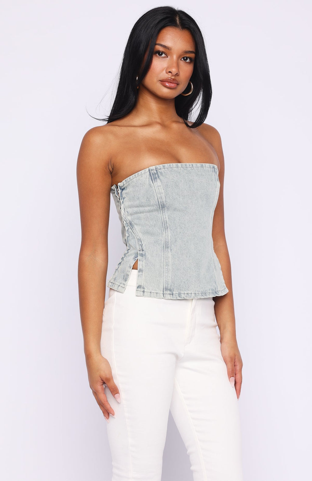 White Fox Not Listening Strapless Denim Top Light Blue Wash