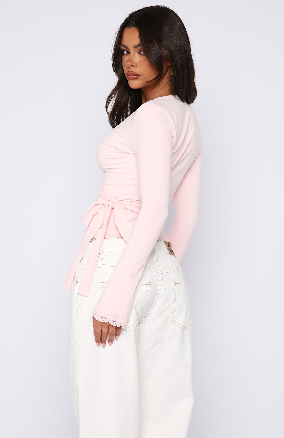 White Fox Cater To You Long Sleeve Top Baby Pink