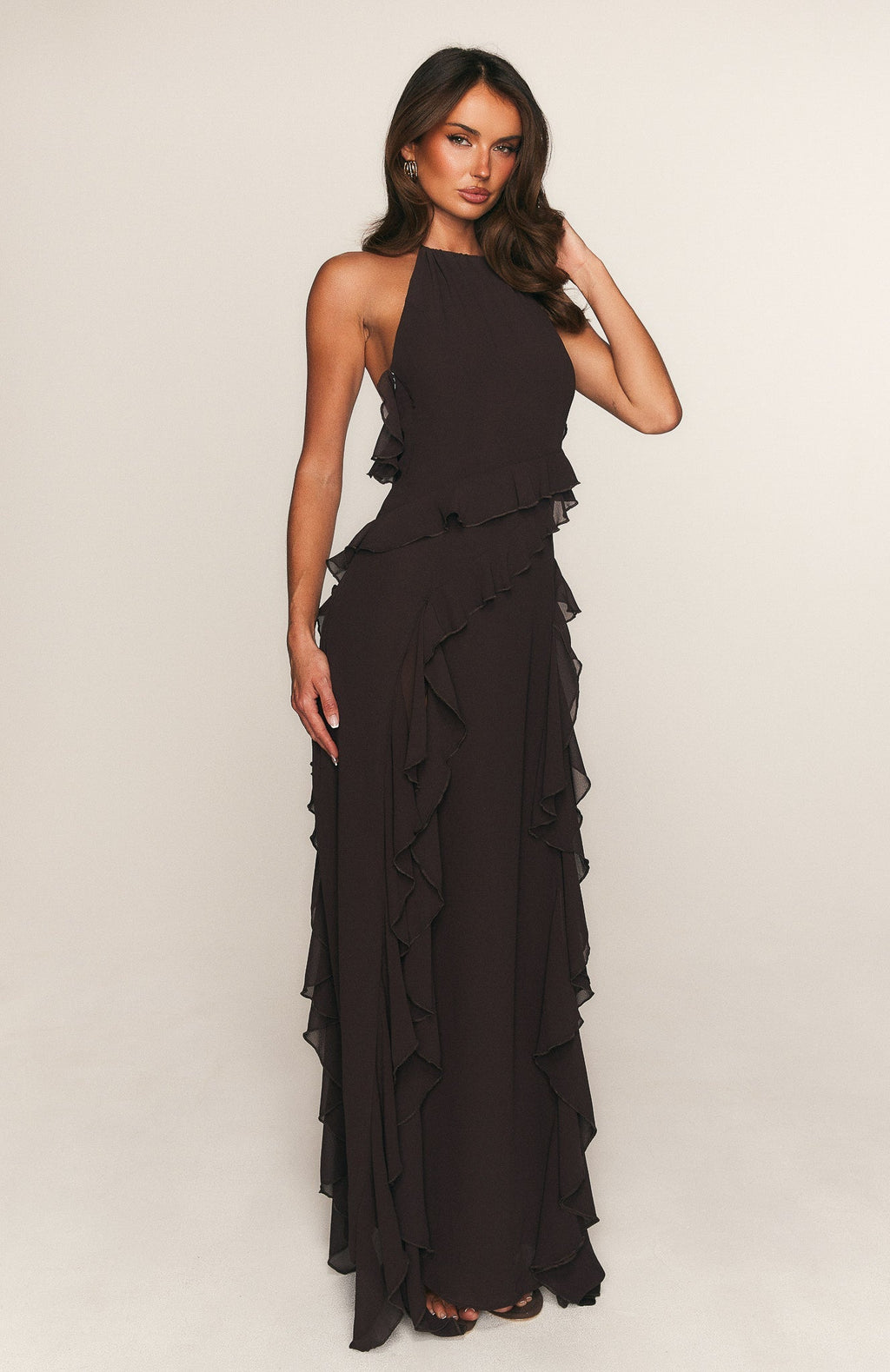 White Fox Control The Vibe Halter Maxi Dress Chocolate