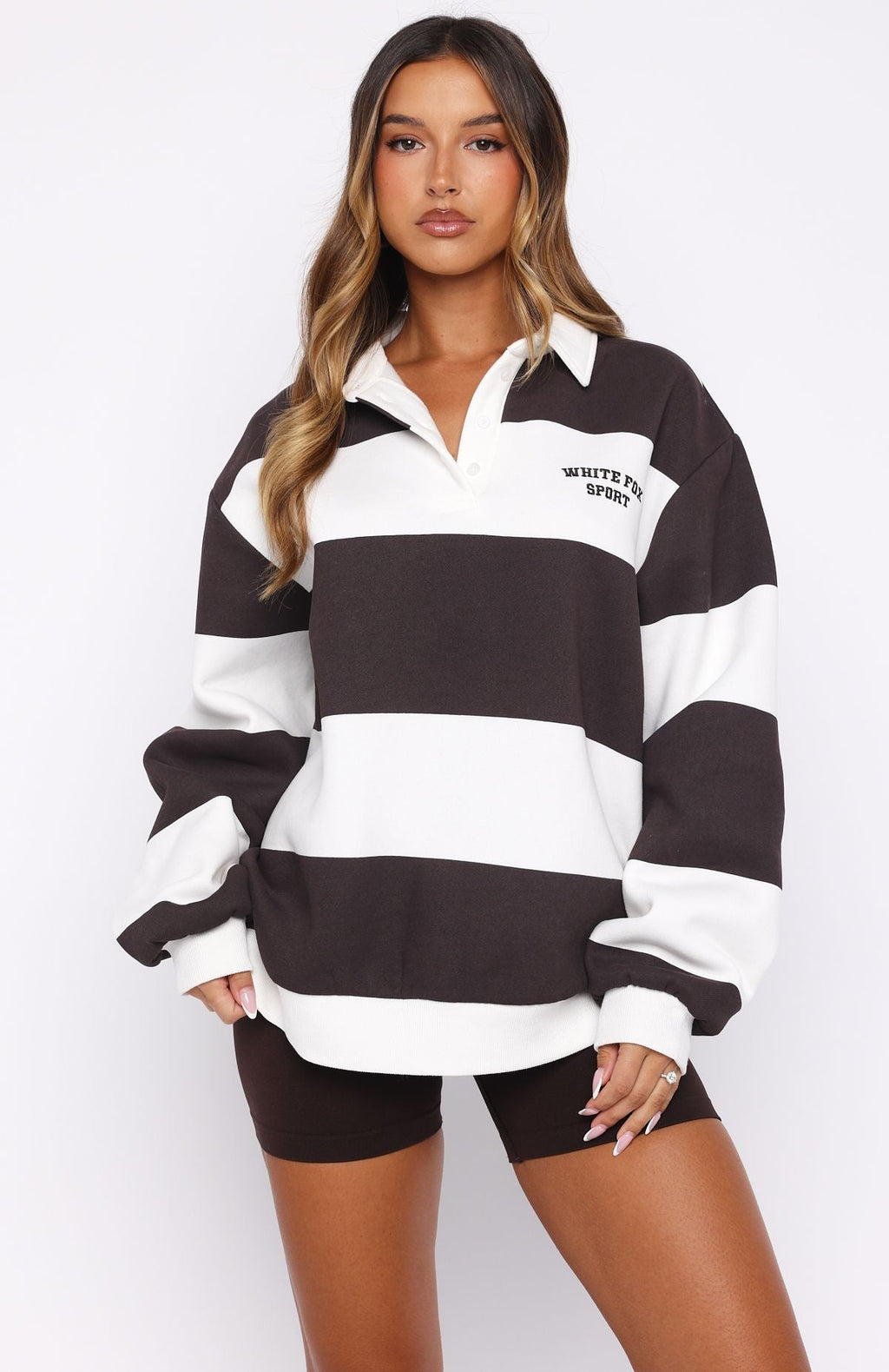 White Fox Make It Known Oversized Henley Sweater Dark Chocolate
