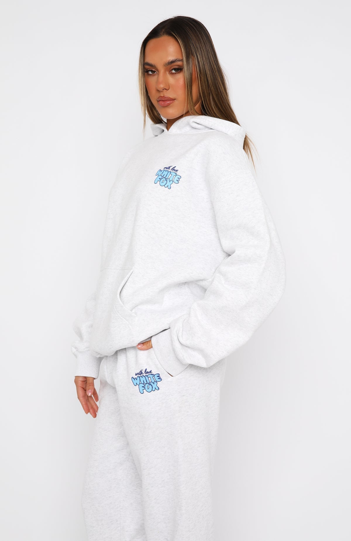 White Fox With Love Always Oversized Hoodie Grey Marle