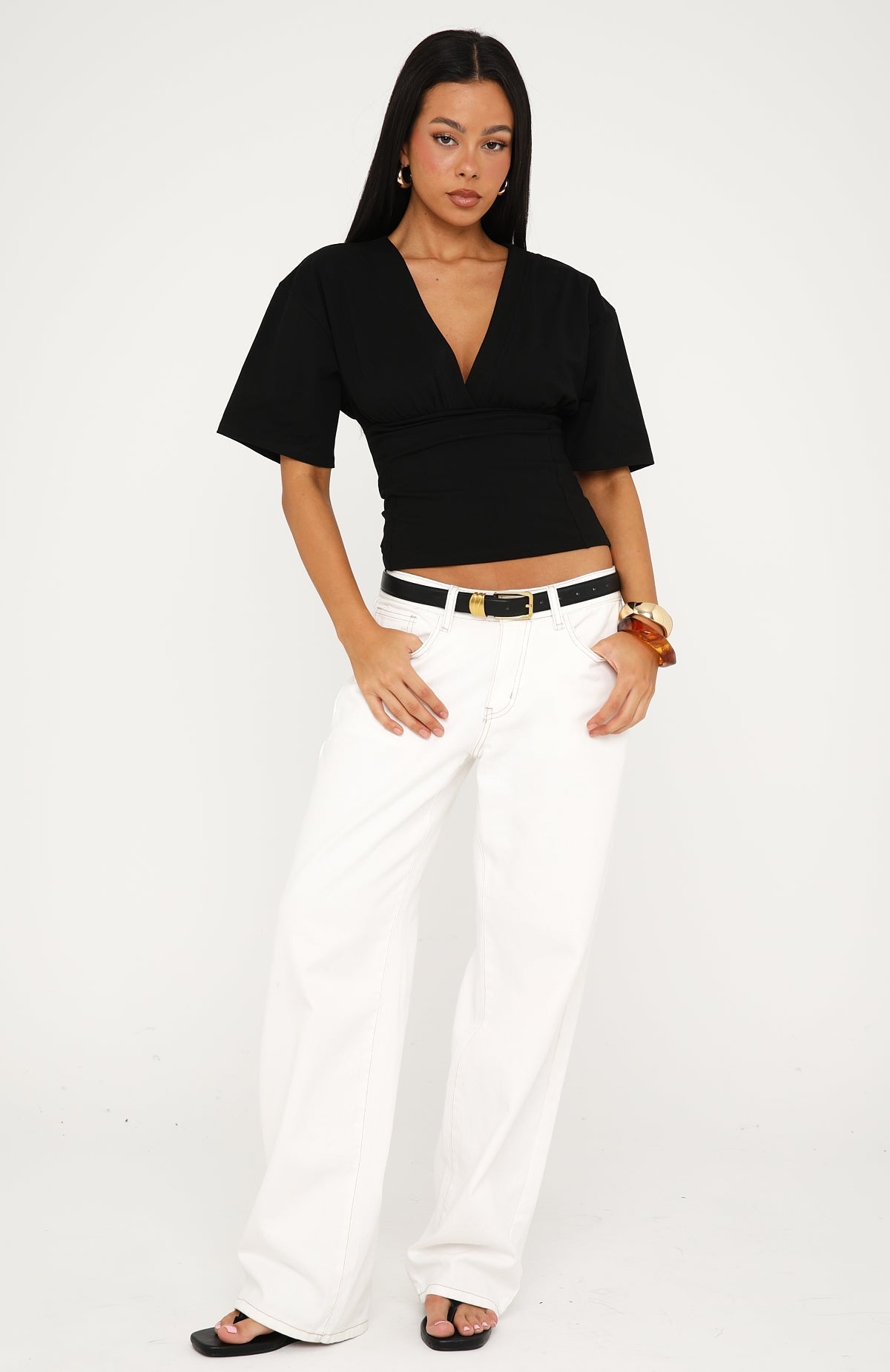 White Fox All On The Line V Neck Short Sleeve Top Black