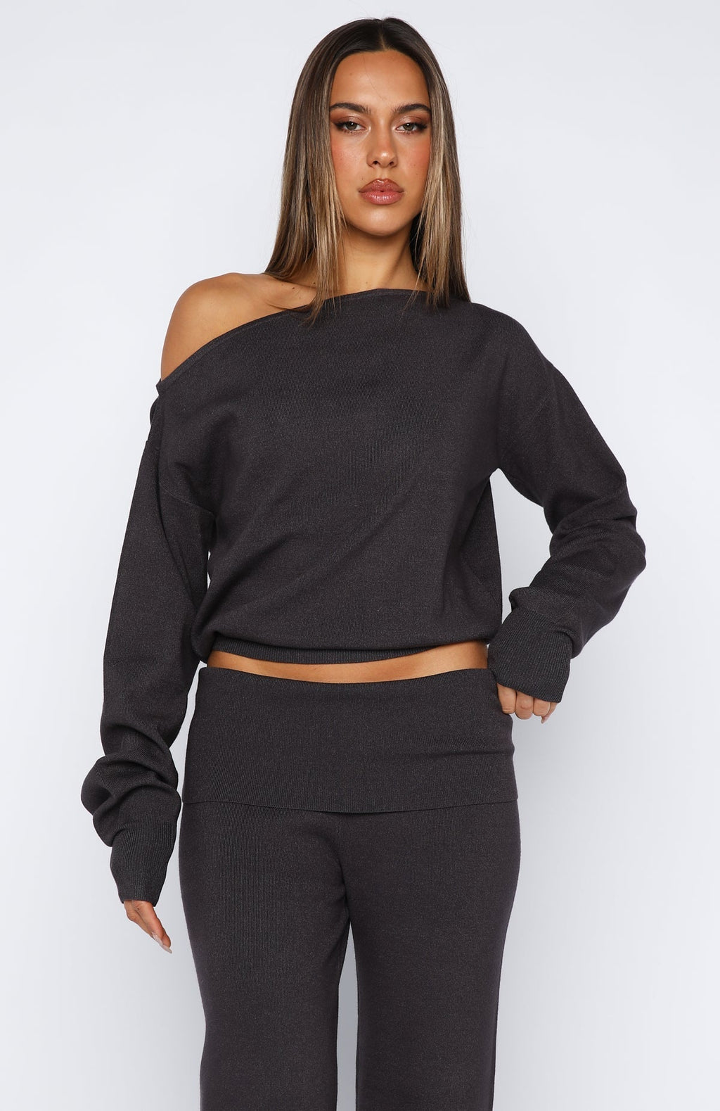 White Fox Can't Find The Words Knit Sweater Charcoal