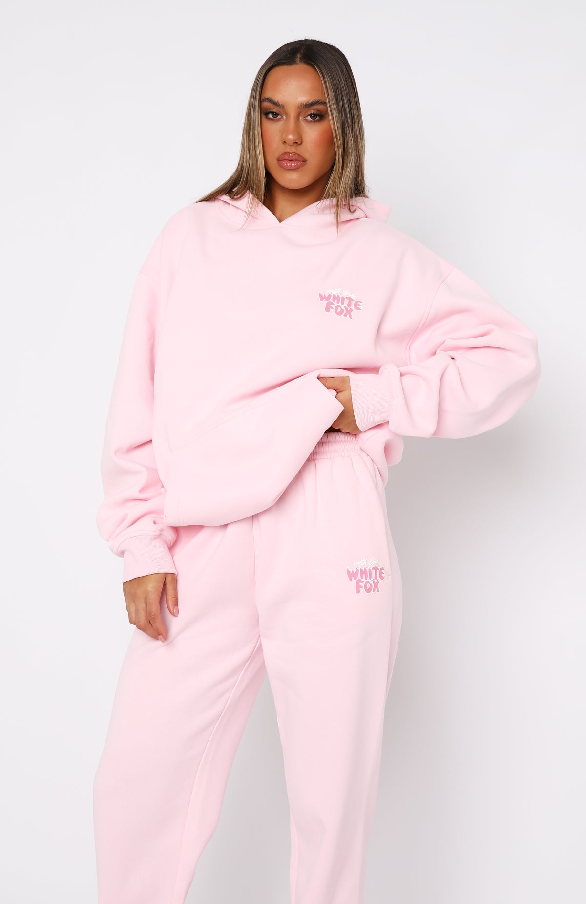 White Fox With Love Always Oversized Hoodie Baby Pink