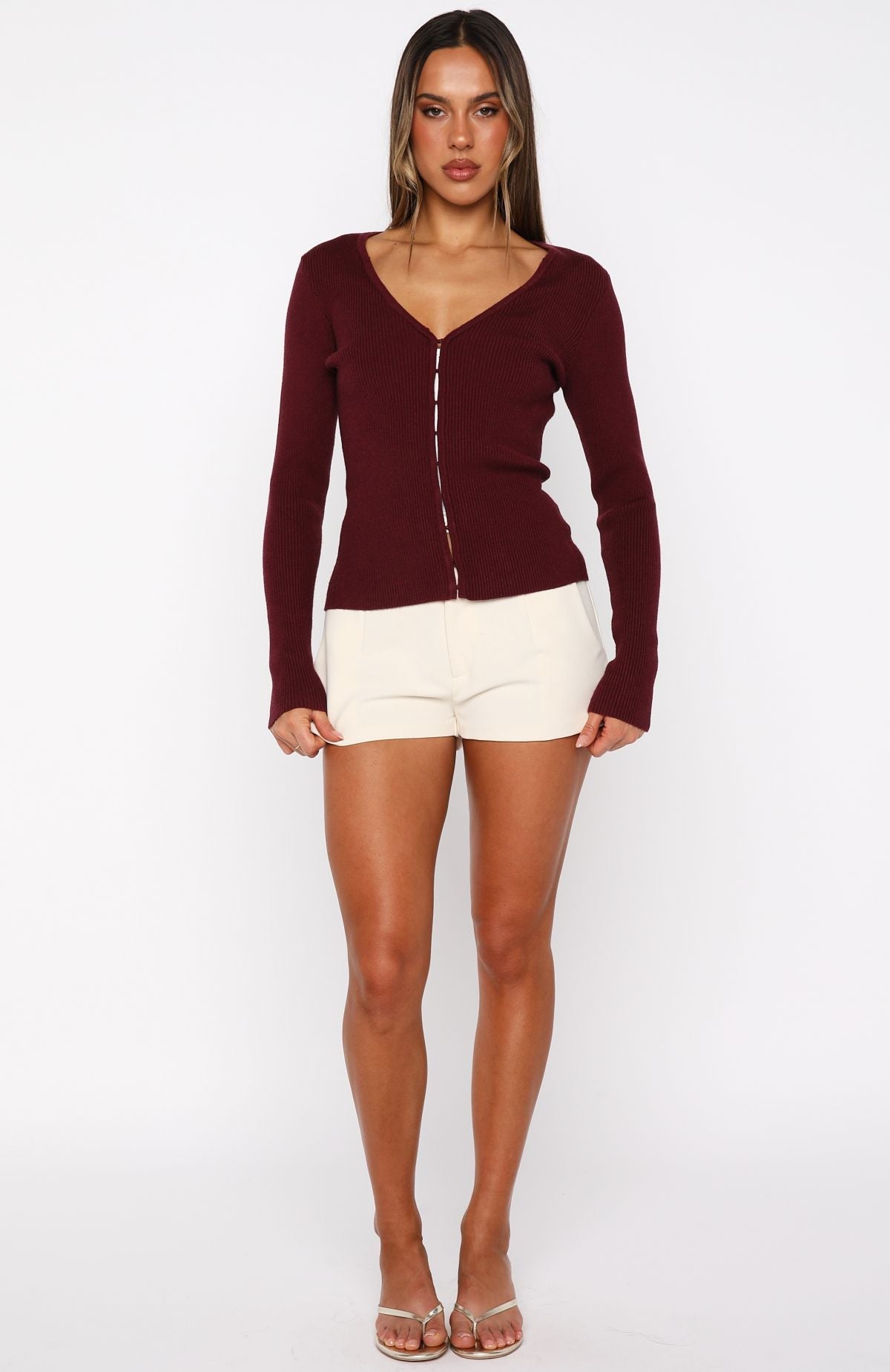 White Fox All Bundled Up Knit Cardigan Burgundy