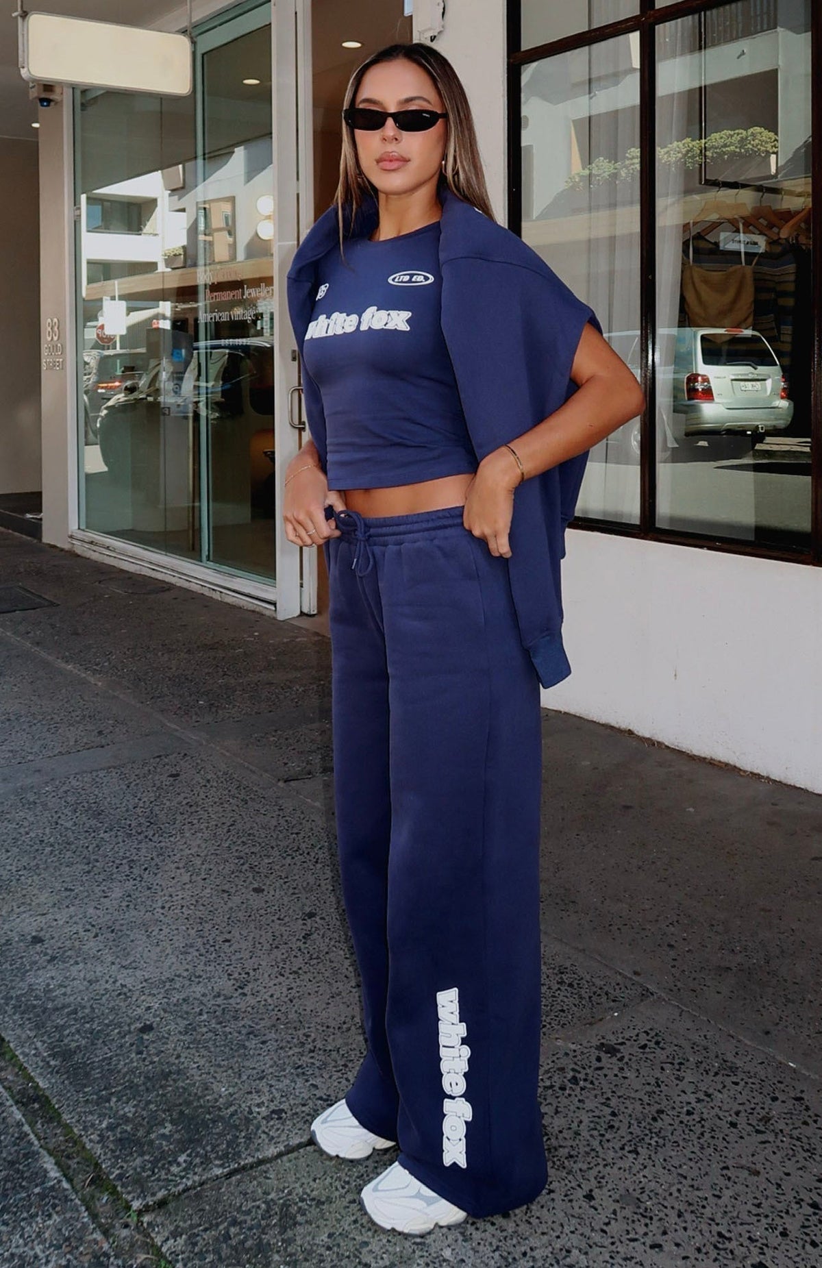White Fox Ready To Go Wide Leg Sweatpants Navy