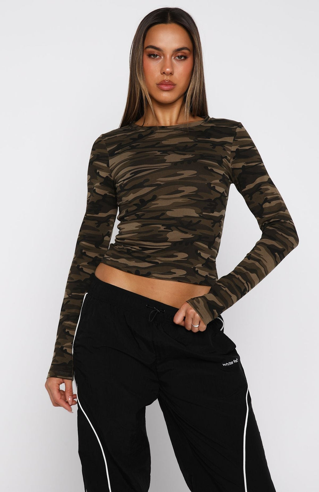White Fox Don't Rein Me In Long Sleeve Baby Tee Camo