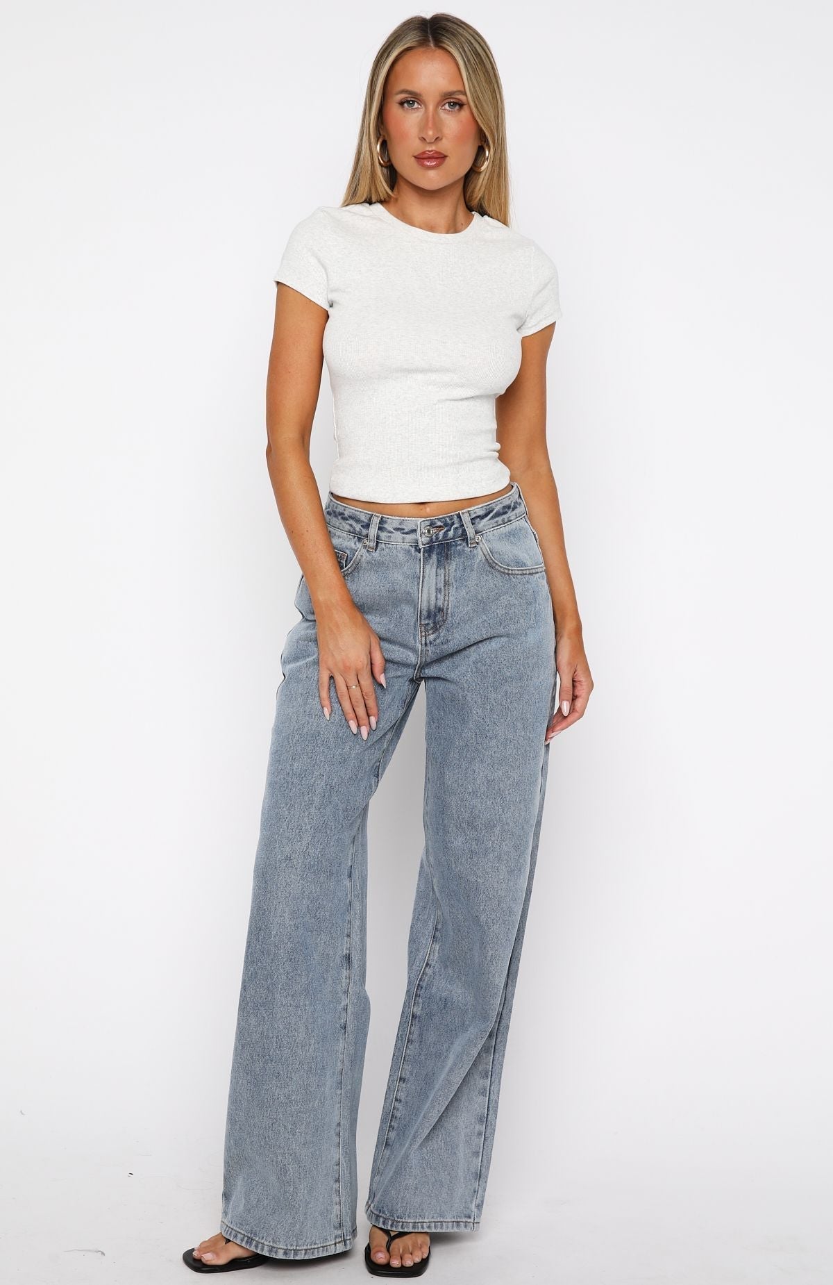 White Fox Bring The Drama Mid Rise Wide Leg Jeans Mid Blue