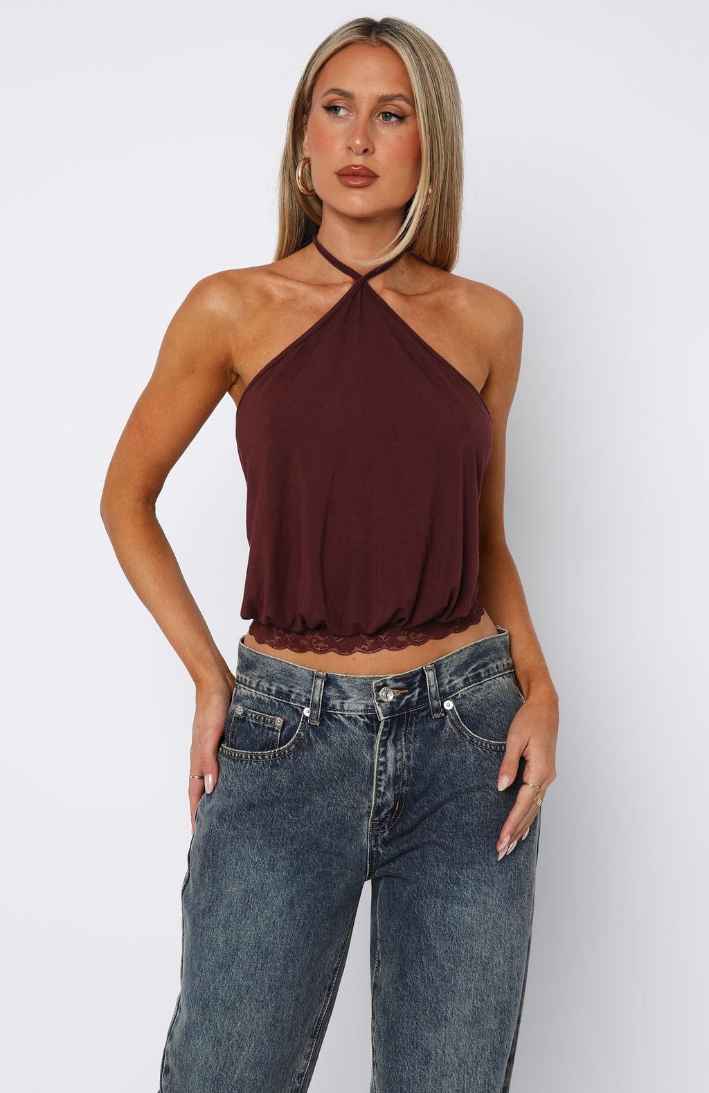 White Fox Endless Moment Cinched Waist Halter Top Burgundy
